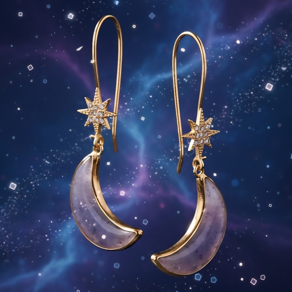 Celestial Dreams: Boho‎ Chic Gold-Tone Star & Moon Trendy Drop Earrings 🌙✨ - Picture 8 of 16
